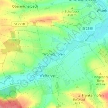 Mapa topográfico Wörnitzhofen, altitud, relieve