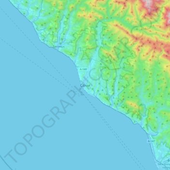 Mapa topográfico Sochi, altitud, relieve