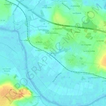Mapa topográfico Chez Billou, altitud, relieve