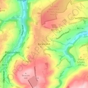 Mapa topográfico Barkisland, altitud, relieve