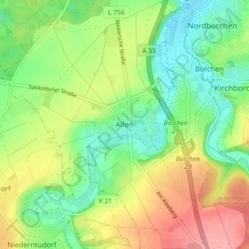 Mapa topográfico Alfen, altitud, relieve