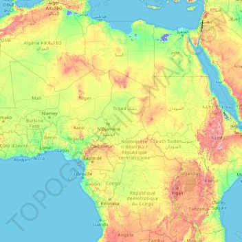Mapa topográfico Africa, altitud, relieve