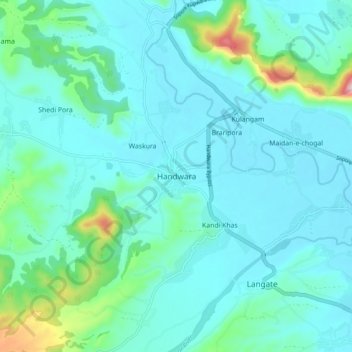Mapa topográfico Handwara, altitud, relieve