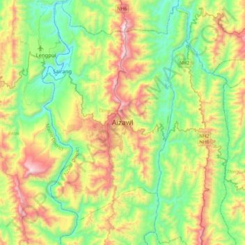 Mapa topográfico Aizawl, altitud, relieve