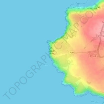 Mapa topográfico Land's End, altitud, relieve