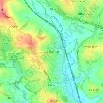 Mapa topográfico Cotmanhay, altitud, relieve