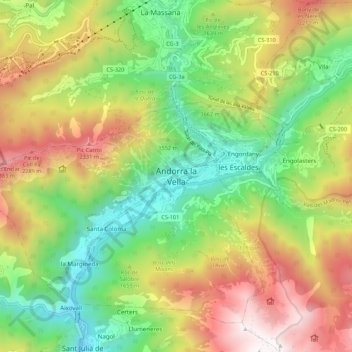 Mapa topográfico Andorra la Vieja, altitud, relieve