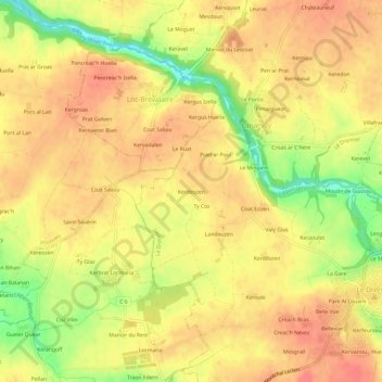 Mapa topográfico Kerdeozen, altitud, relieve