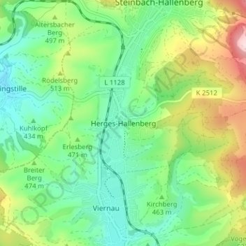 Mapa topográfico Herges-Hallenberg, altitud, relieve