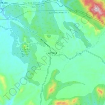 Mapa topográfico Ambaji, altitud, relieve
