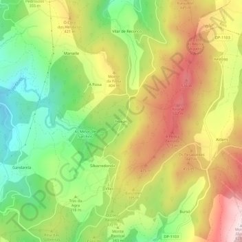 Mapa topográfico Froxán, altitud, relieve