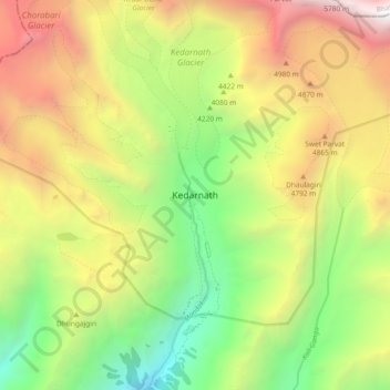 Mapa topográfico Kedarnath, altitud, relieve