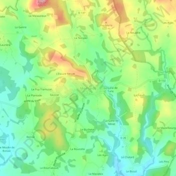 Mapa topográfico Meilhards, altitud, relieve