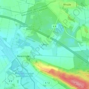 Mapa topográfico Uhry, altitud, relieve
