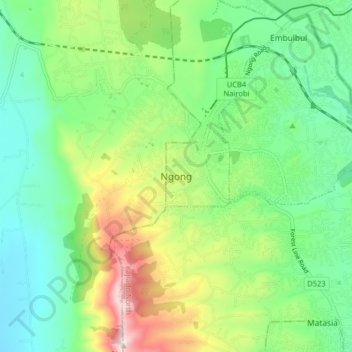 Mapa topográfico Ngong, altitud, relieve