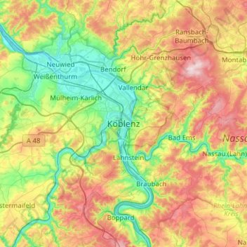 Mapa topográfico Koblenz, altitud, relieve