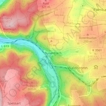 Mapa topográfico Busenbach, altitud, relieve