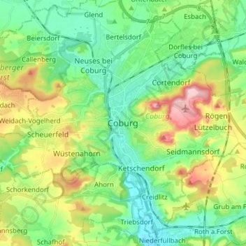 Mapa topográfico Coburg, altitud, relieve