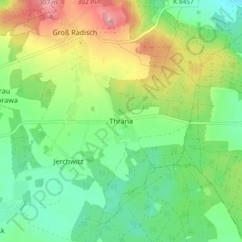 Mapa topográfico Thräna, altitud, relieve