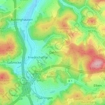 Mapa topográfico Dahl, altitud, relieve