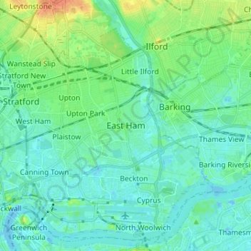 Mapa topográfico East Ham, altitud, relieve
