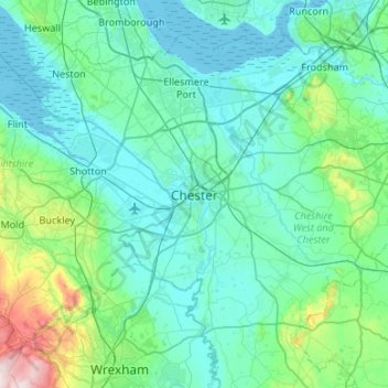 Mapa topográfico Chester, altitud, relieve