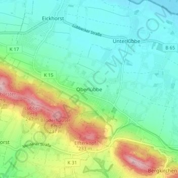 Mapa topográfico Oberlübbe, altitud, relieve