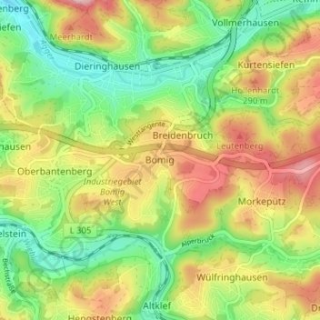 Mapa topográfico Bomig, altitud, relieve