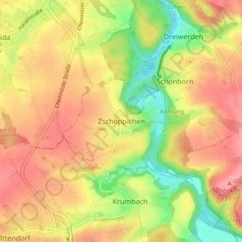Mapa topográfico Zschöppichen, altitud, relieve