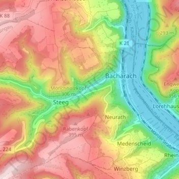 Mapa topográfico Nauheim, altitud, relieve