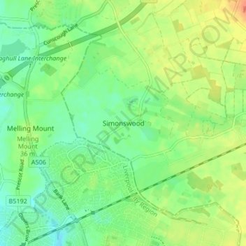 Mapa topográfico Simonswood, altitud, relieve