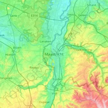 Mapa topográfico Maastricht, altitud, relieve