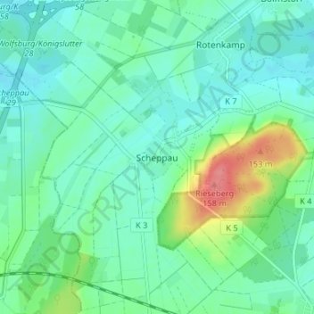 Mapa topográfico Scheppau, altitud, relieve