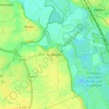 Mapa topográfico Koldingen, altitud, relieve