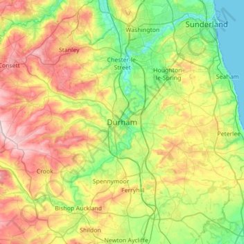 Mapa topográfico Durham, altitud, relieve