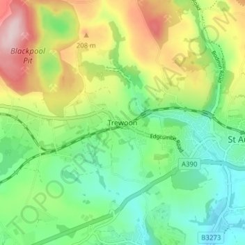 Mapa topográfico Trewoon, altitud, relieve