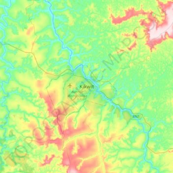 Mapa topográfico Kikwit, altitud, relieve