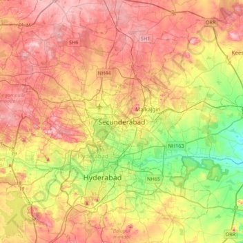 Mapa topográfico Secunderabad, altitud, relieve