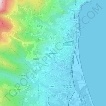 Mapa topográfico Montesoro, altitud, relieve