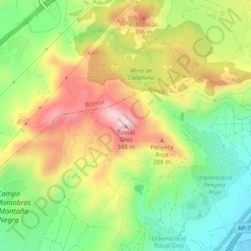 Mapa topográfico Tossal Gros, altitud, relieve