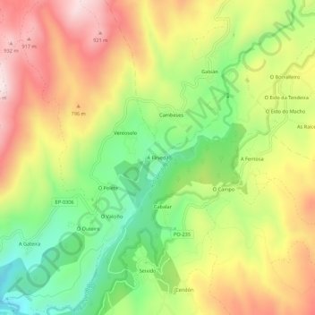 Mapa topográfico A Fírveda, altitud, relieve