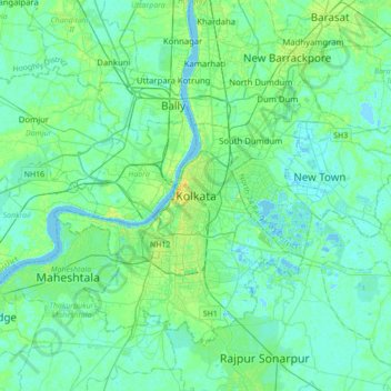 Mapa topográfico Kolkata, altitud, relieve