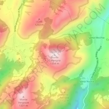 Mapa topográfico Monte Carpegna, altitud, relieve