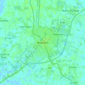 Mapa topográfico Wisbech, altitud, relieve
