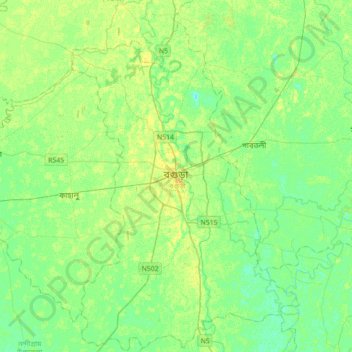 Mapa topográfico Bogura, altitud, relieve