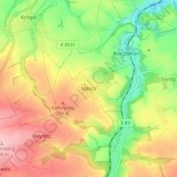 Mapa topográfico Miltitz, altitud, relieve