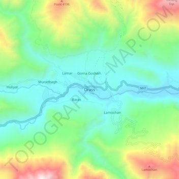 Mapa topográfico Drass, altitud, relieve