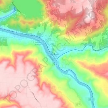 Mapa topográfico Orofino, altitud, relieve