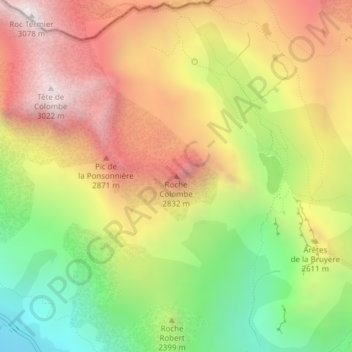 Mapa topográfico Roche Colombe, altitud, relieve