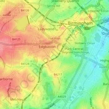 Mapa topográfico Calthorpe Fields, altitud, relieve